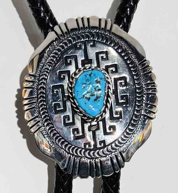 SILVER TURQUOISE STAMPED BOLO TIE NAVAJO-T&amp;R SINGER