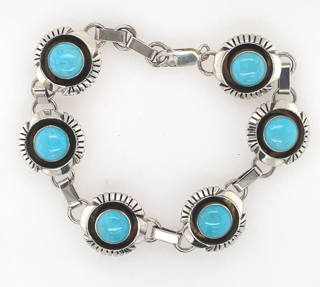 SILVER TURQUOISE LINK BRACELET NAVAJO - TOM LEWIS