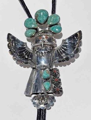 SILVER LARGE KACHINA BOLO TIE NAVAJO-ALVIN JOE