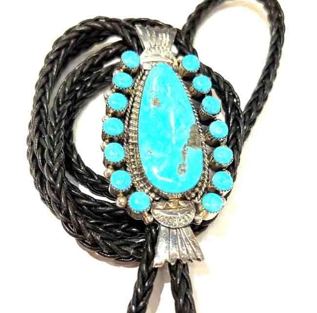 SILVER TURQUOISE BOLO TIE NAVAJO-SARAH YAZZIE