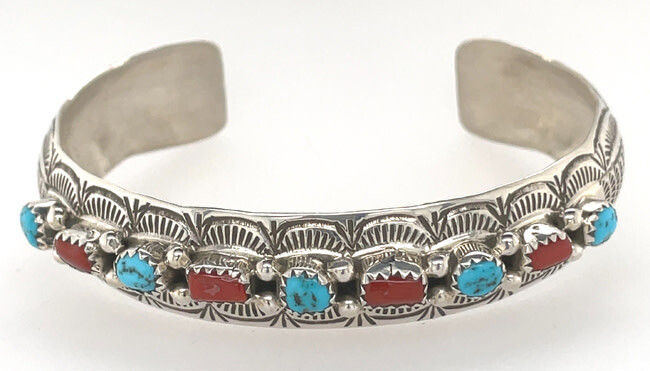 SILVER TURQUOISE &amp; CORAL CUFF BRACELET NAVAJO - GS