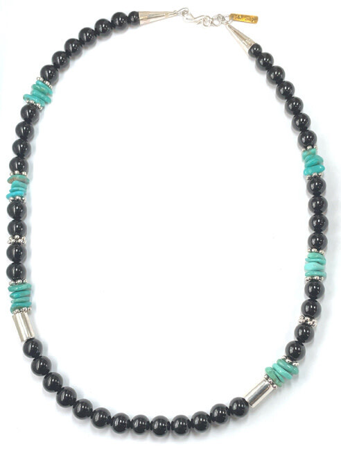 SILVER ONYX &amp; TURQUOISE BEAD NECKLACE NAVAJO - T&amp;R SINGER