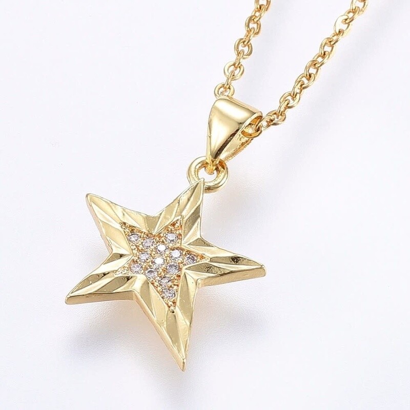 GOLD STAINLESS CZ STAR NECKLACE FJN3N
