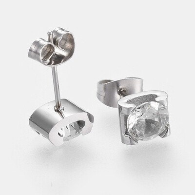 SILVER STAINLESS CZ 6MM STUD EARRINGS FJECH