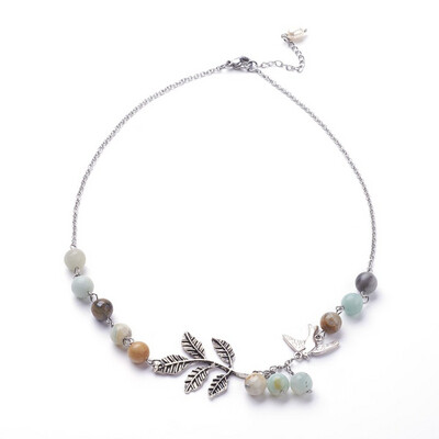 STAINLESS AMAZONITE BIRD &amp; LEAF NECKLACE FJN7