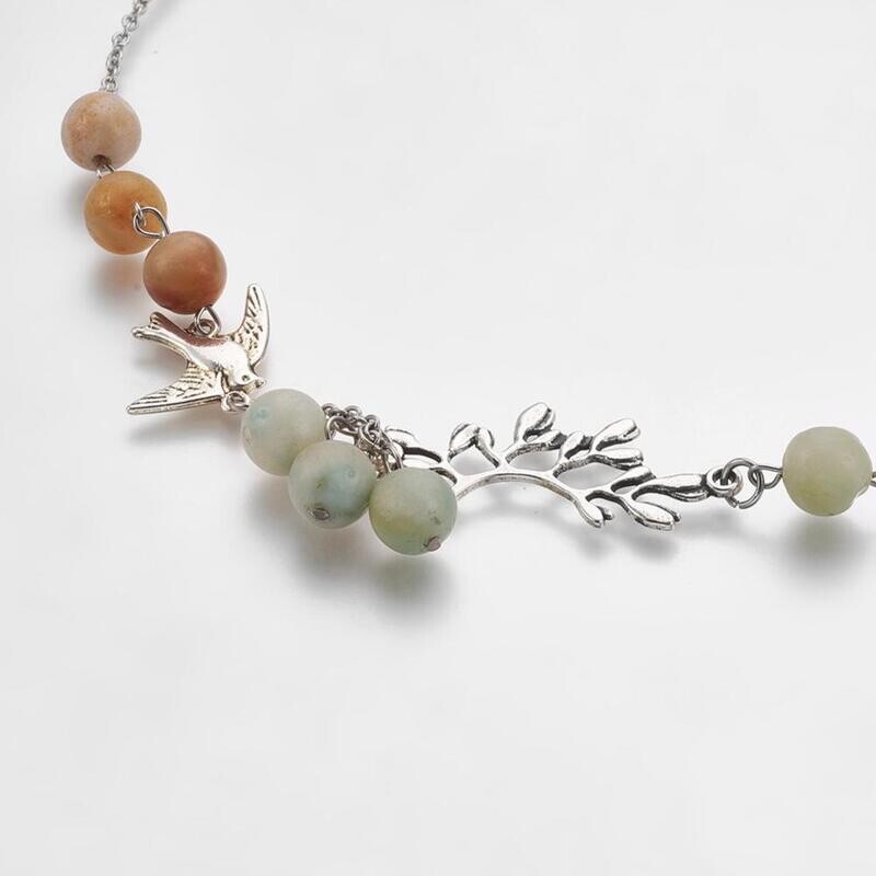 SILVER STAINLESS AMAZONITE BIRD &amp; LEAF NECKLACE