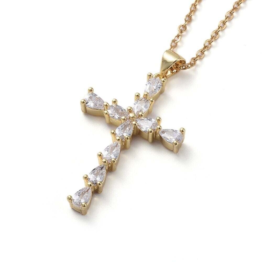 GOLD STAINLESS CZ CROSS NECKLACE FJN65