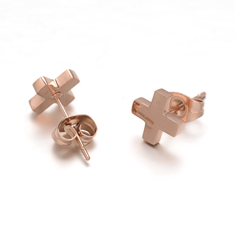 ROSE STAINLESS CROSS STUD EARRINGS FJEGO