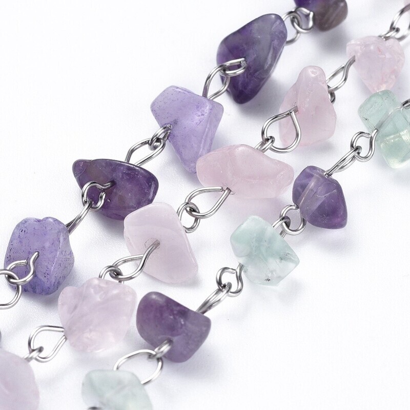 SILVER STAINLESS MULTI-STONE CHIP BRACELET