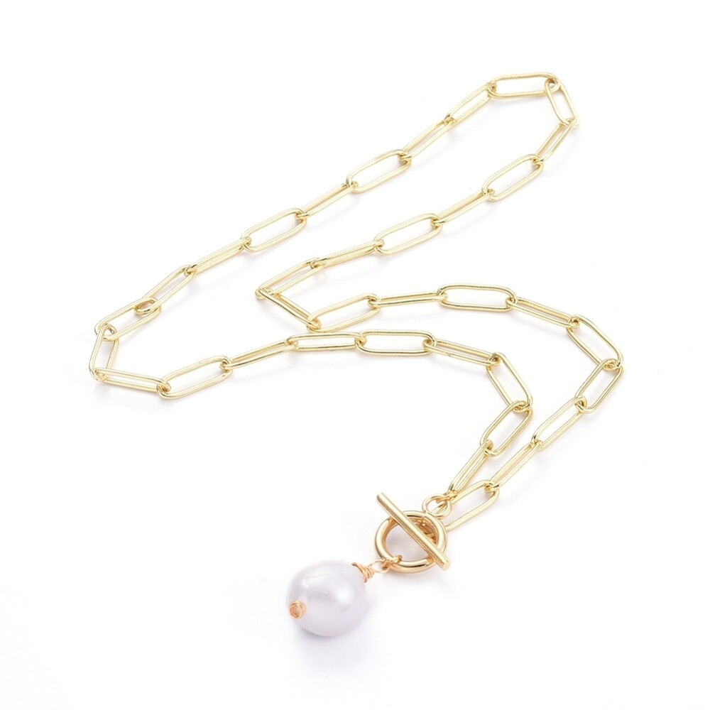 GOLD STAINLESS PEARL PAPERCLIP NECKLACE FJNE4