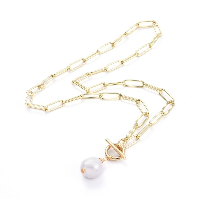 GOLD STAINLESS PEARL PAPERCLIP NECKLACE FJNE4