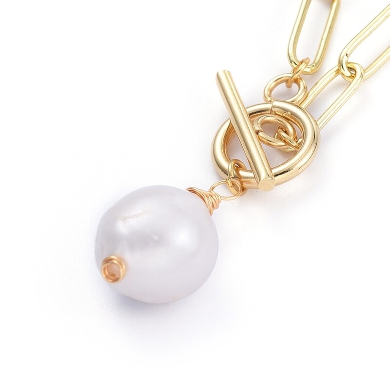 GOLD STAINLESS PEARL PAPERCLIP NECKLACE