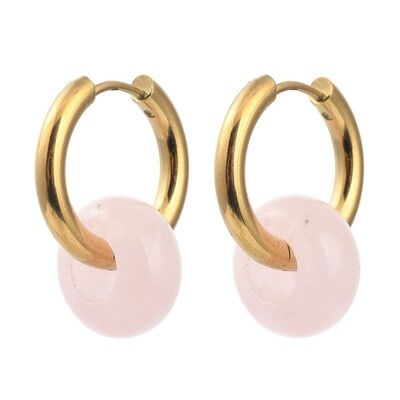 GOLD STAINLESS ROSE QUARTZ HUGGIE EARRINGS FJEE4