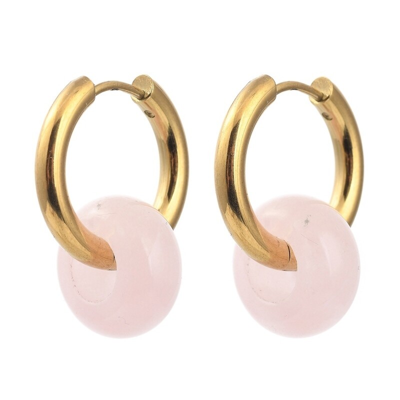 GOLD STAINLESS ROSE QUARTZ HUGGIE EARRINGS FJEE4