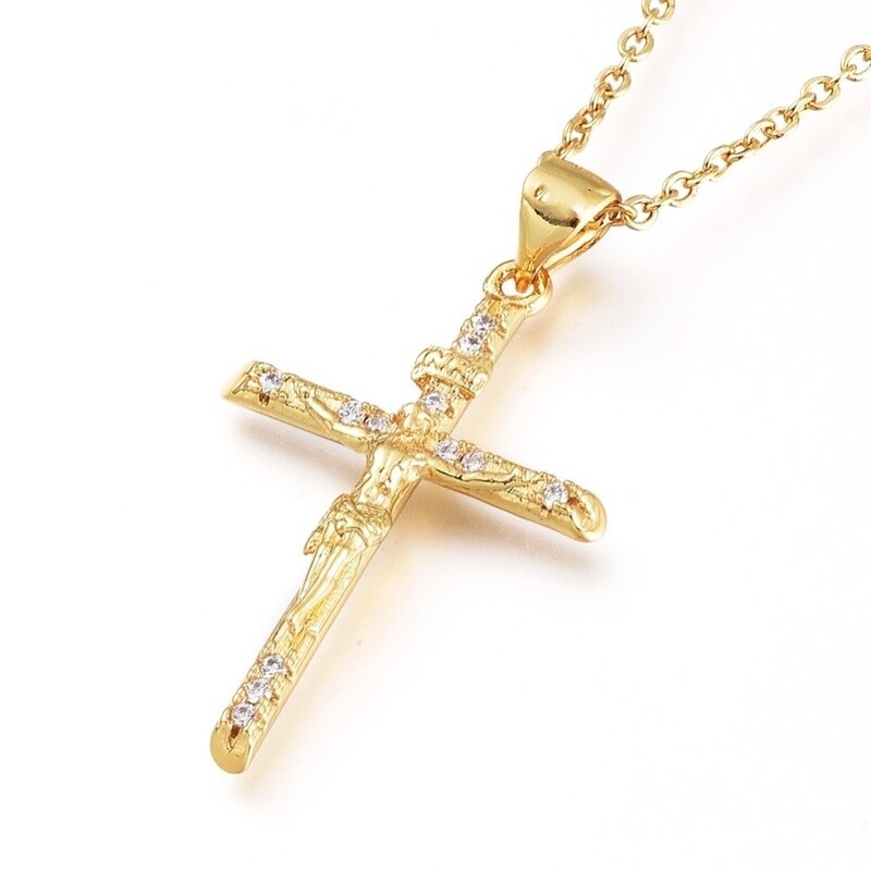 GOLD STAINLESS CZ CRUCIFIX NECKLACE FJNBT
