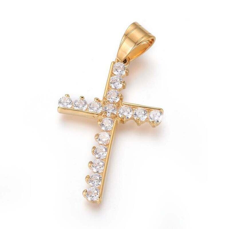 GOLD STAINLESS CROSS CZ PENDANT FJP7