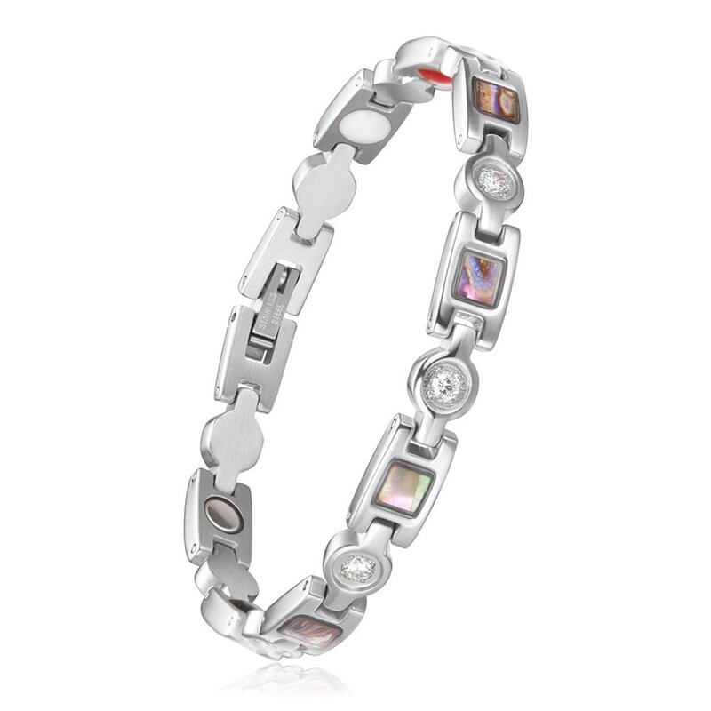 SILVER STAINLESS ABALONE AND CZ BRACELET