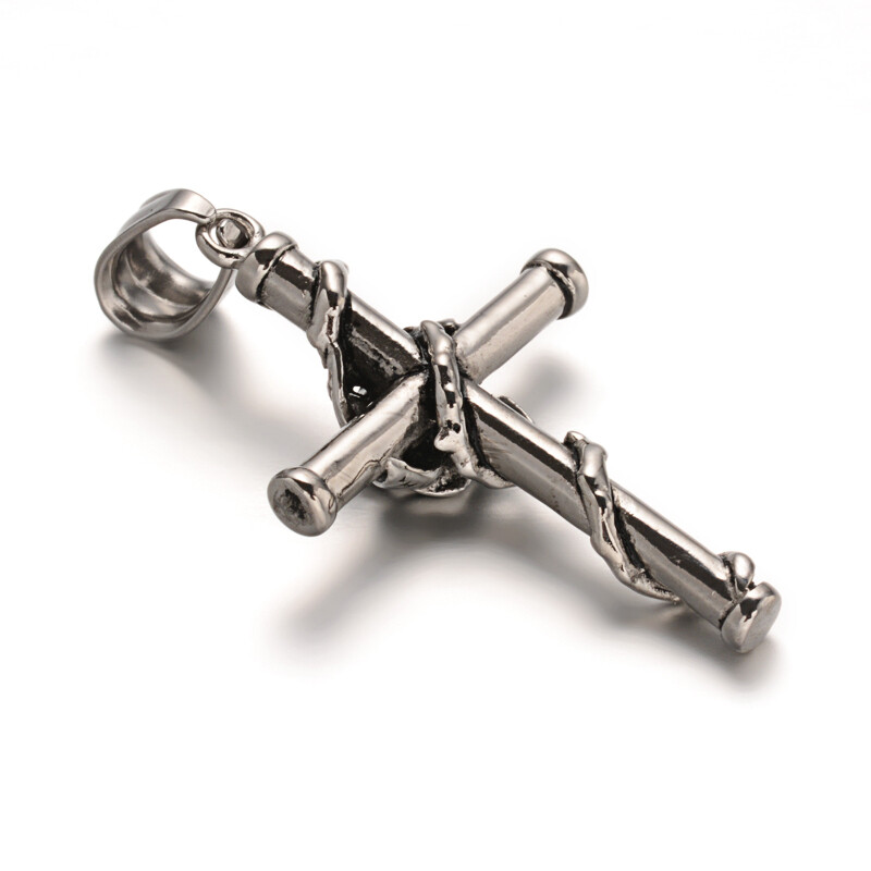 SILVER STAINLESS CROSS ROSE PENDANT