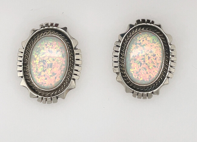 SS LG OVL PST EARRINGS W/WHT OPAL-AMOS BEGAY