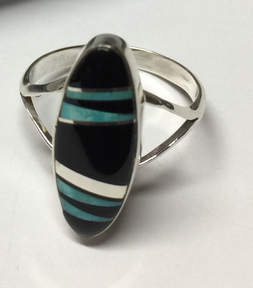 SILVER MIXED STONES INLAY RING NAVJAO-S. MARTINEZ - SIZE 8