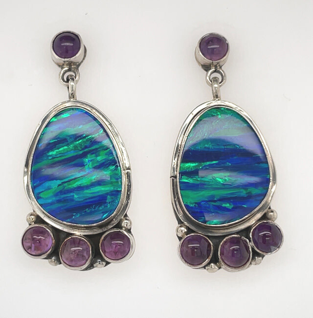 SILVER OPAL &amp; AMETHYST EARRINGS NAVAJO-RB