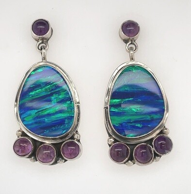 SILVER OPAL &amp; AMETHYST EARRINGS NAVAJO-RB