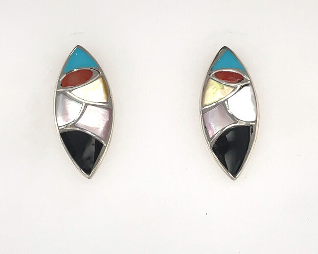 SILVER MULTI-STONES INLAY EARRINGS NAE523 ZUNI-ORENA LEEKYA