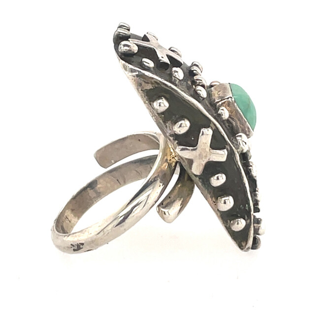 SS OX RING W/SQ.TURQ.-EMER THOMPSON