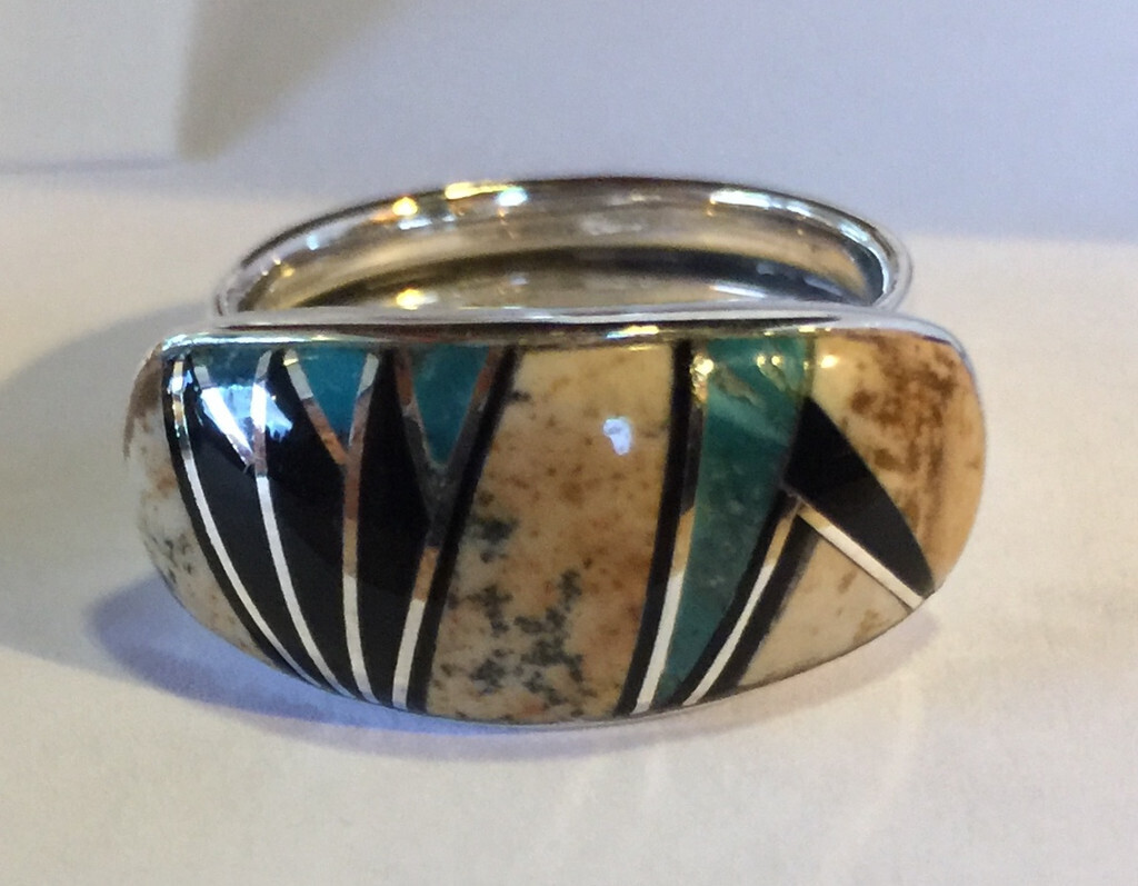 SILVER MULTI-STONES INLAY RING NAVAJO-RB - SIZE 7