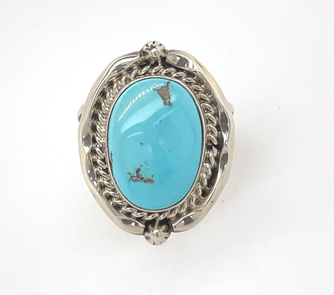 SILVER TURQUOISE RING NAVAJO-SAMUEL YELLOWHAIR - SIZE 8
