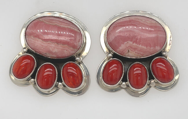 SS PST OVL EARRINGS W/RHODOCHROSITE &amp; CORAL-ANDREW VANDEVER