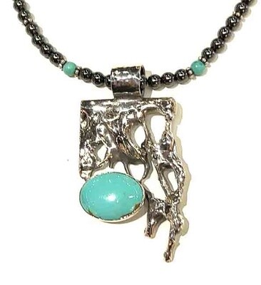 SILVER TURQUOISE &amp; HEMATITE CACTUS NECKLACE