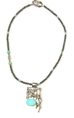 SILVER TURQUOISE &amp; HEMATITE CACTUS NECKLACE
