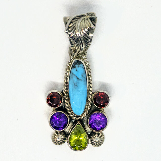 SILVER TURQUOISE &amp; STONES PENDANT  NAP306 NAVAJO - RB