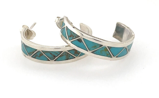 SILVER TURQUOISE HOOP EARRINGS NAVAJO-JUANITA LONG SILVER TURQUOISE HOOP EARRINGS NAVAJO-JUANITA LONG