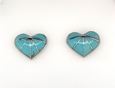 SILVER INLAY TURQUOISE HEART  EARRINGS ZUNI-LAURIE KALLESTEWA