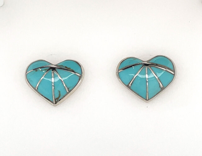 SILVER INLAY TURQUOISE HEART  EARRINGS ZUNI-LAURIE KALLESTEWA