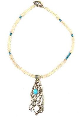 SILVER TURQUOISE &amp; MOONSTONE CACTUS NECKLACE