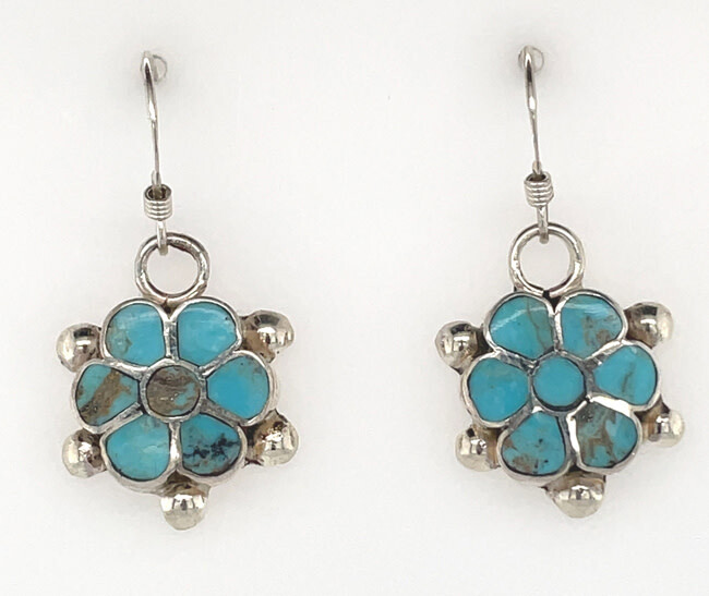 SILVER TURQUOISE FLOWER INLAY EARRINGS ZUNI-BENINA KALLESTEWA