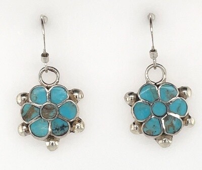 SILVER TURQUOISE FLOWER INLAY EARRINGS ZUNI-BENINA KALLESTEWA