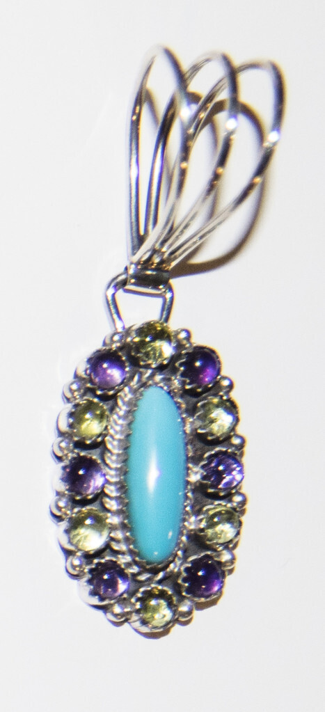 SILVER OVAL TURQUOISE W/AMETHYST &amp; PERIDOT PENDANT-NAVAJO-RB