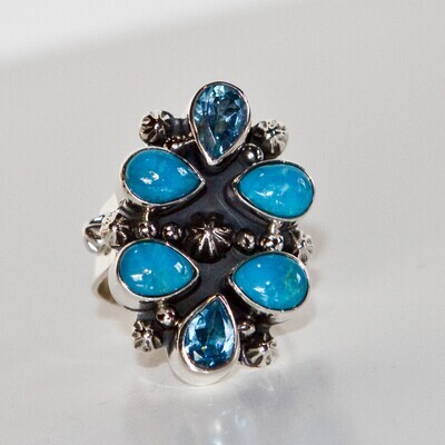 SILVER TOPAZ & TURQUOISE RING-NAVAJO-MIKE SMITH SILVER TOPAZ & TURQUOISE RING-NAVAJO-MIKE SMITH