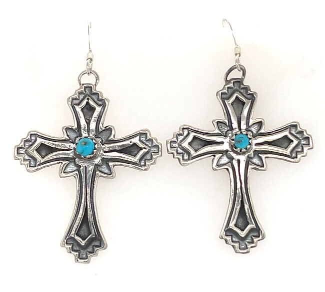 SILVER TURQUOISE CROSS EARRINGS NAVAJO-LOUISE JOE
