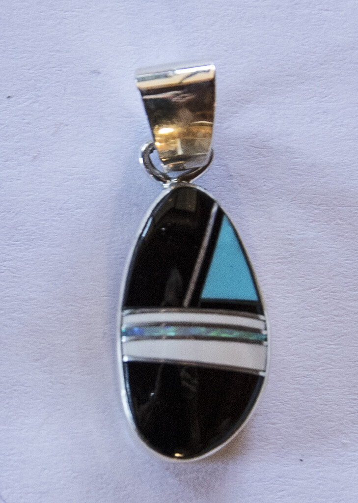SS ASM OVL INLAY PENDANT W/JET,QRTZ, TURQ &amp; OPAL-S. MARTINEZ