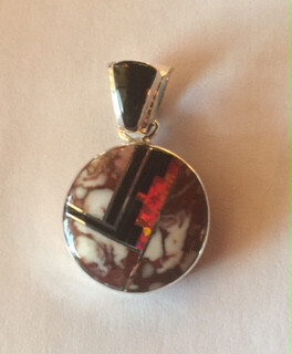 SS RND INLAY PENDANT W/JASPER, JET & MX FIRE OPAL-S. MARTINEZ SS RND INLAY PENDANT W/JASPER, JET & MX FIRE OPAL-S. MARTINEZ
