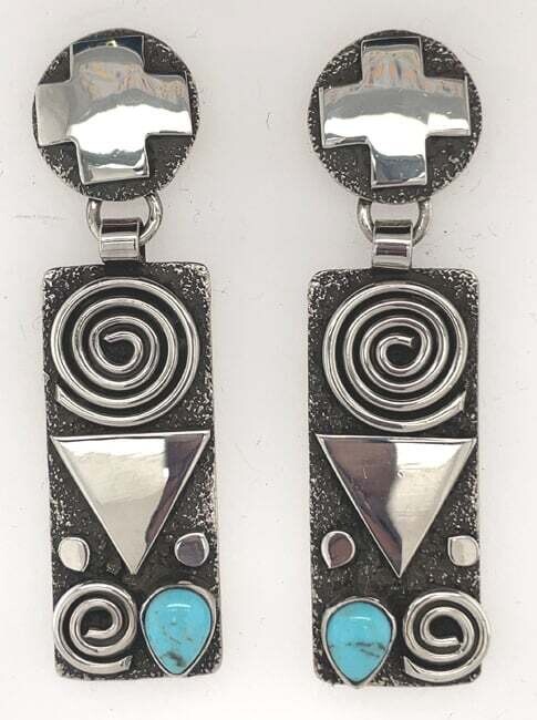 SILVER OVERLAY SYMBOLS W/TURQUOISE EARRINGS-ALEX SANCHEZ SILVER OVERLAY SYMBOLS W/TURQUOISE EARRINGS-ALEX SANCHEZ