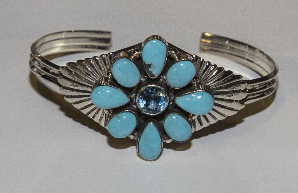 SILVER TURQUOISE &amp; TOPAZ CUFF BRACELET NAVAJO-L MARTINEZ