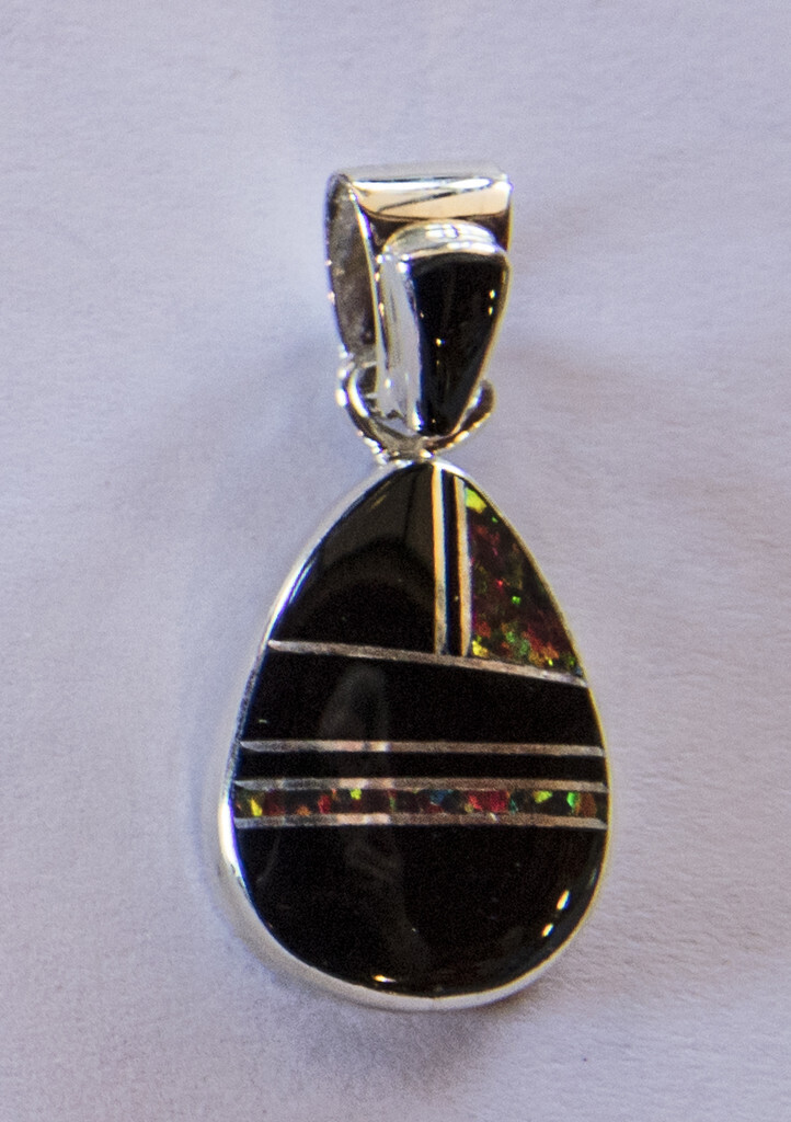 SILVER ONYX &amp; OPAL INLAY PENDANT NAVAJO -