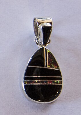 SILVER ONYX & OPAL INLAY PENDANT NAVAJO - SILVER ONYX & OPAL INLAY PENDANT NAVAJO -