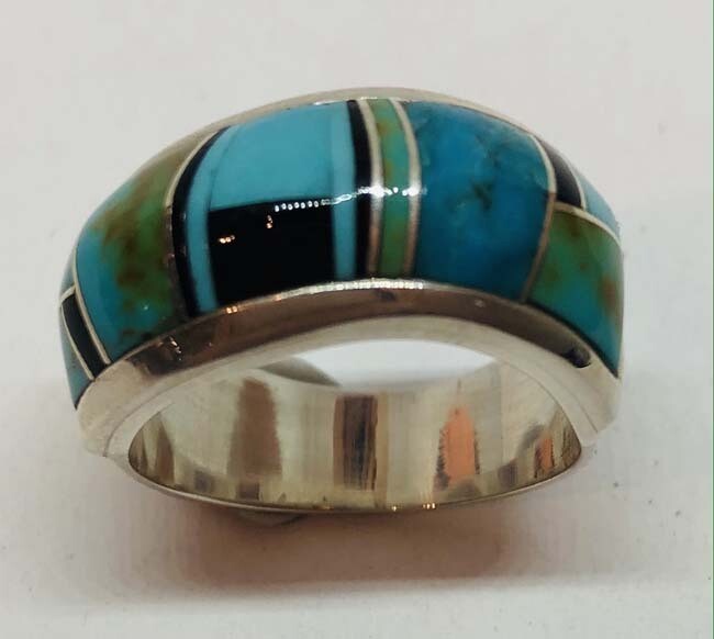 SILVER INLAY RING NAVAJO - KENNETH BITSIE - SIZE 8.5